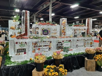 Grand seafood buffet station display packed with crushed ice at a reception