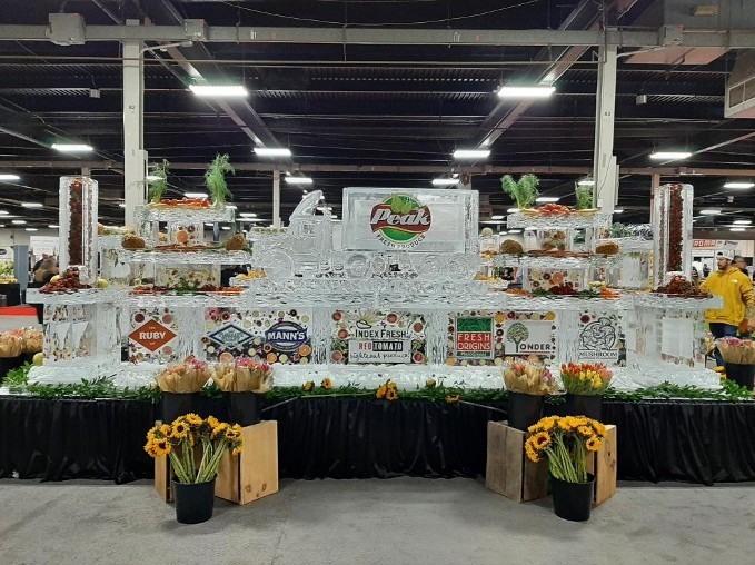 Catered event food station table beautifully arranged around ice displays