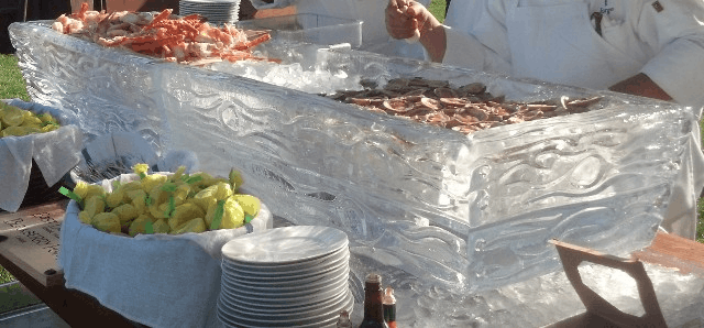 Carved ice seafood buffet display