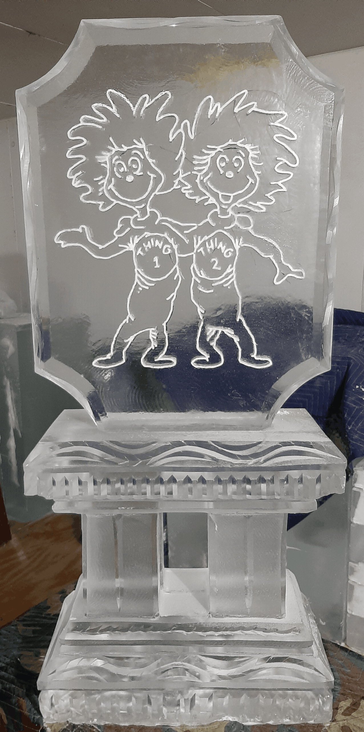 Cartoon mascot engraved ice sculpture