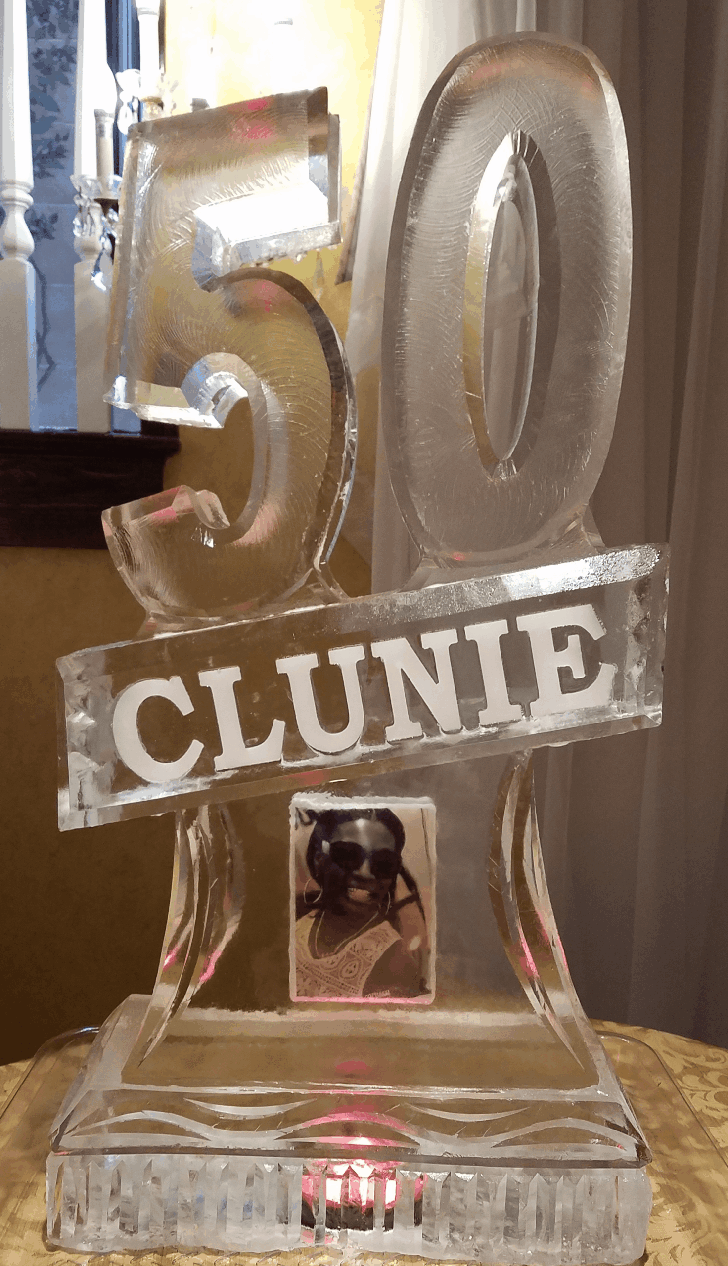 Clunie 50th anniversary engraved ice sculpture