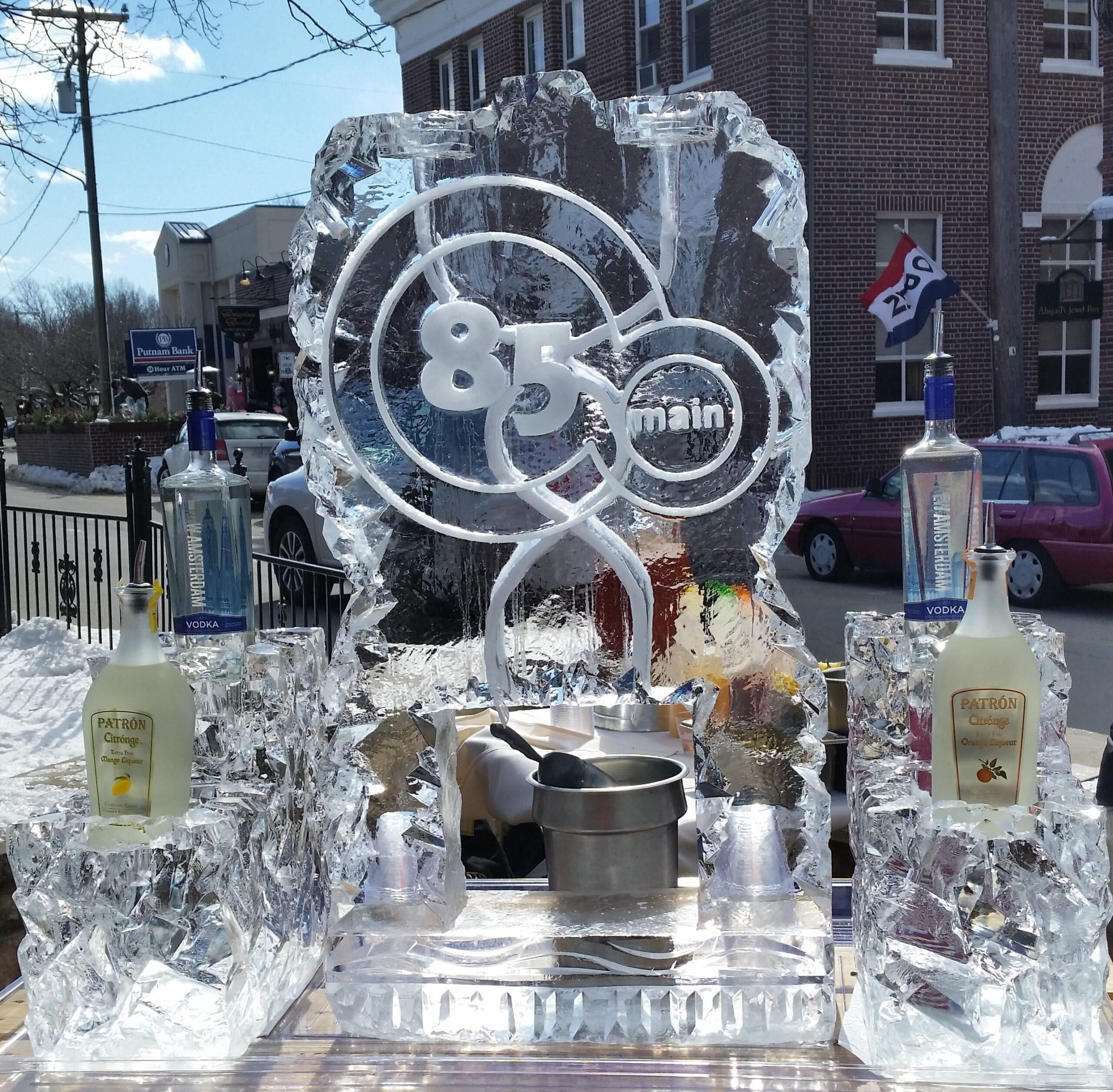Custom circular logo ice sculpture centerpiece