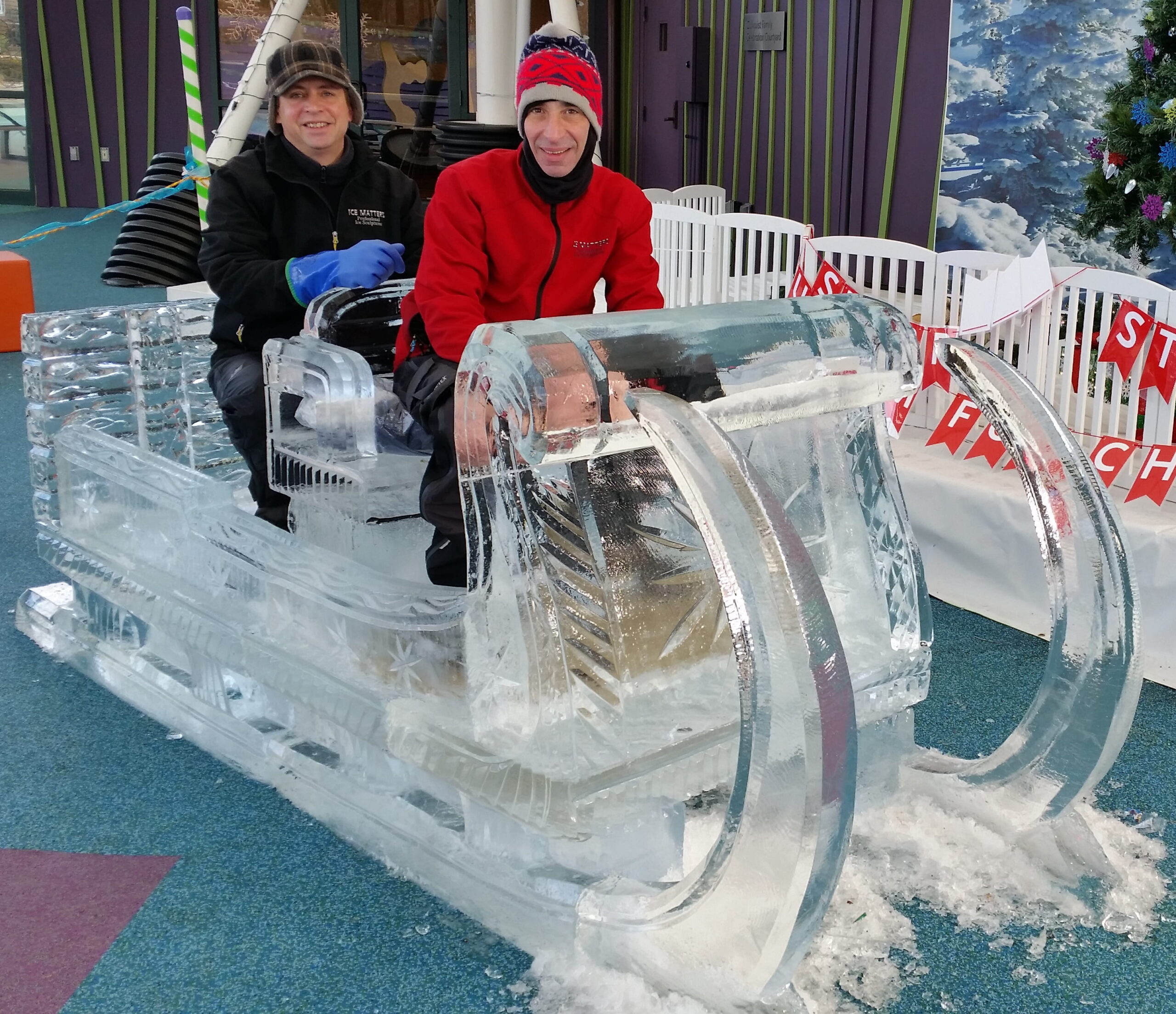 Ice bar with carved eagle sculpture