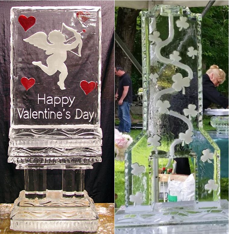 Happy Valentine's Day custom engraved heart ice sculpture on a display table