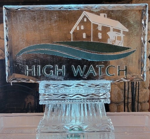 High Watch scenic landscape and house engraved custom ice sculpture