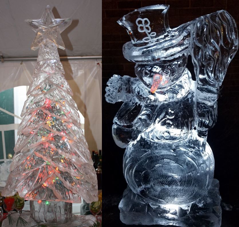 Festive winter snowman character ice carving complete with top hat and scarf