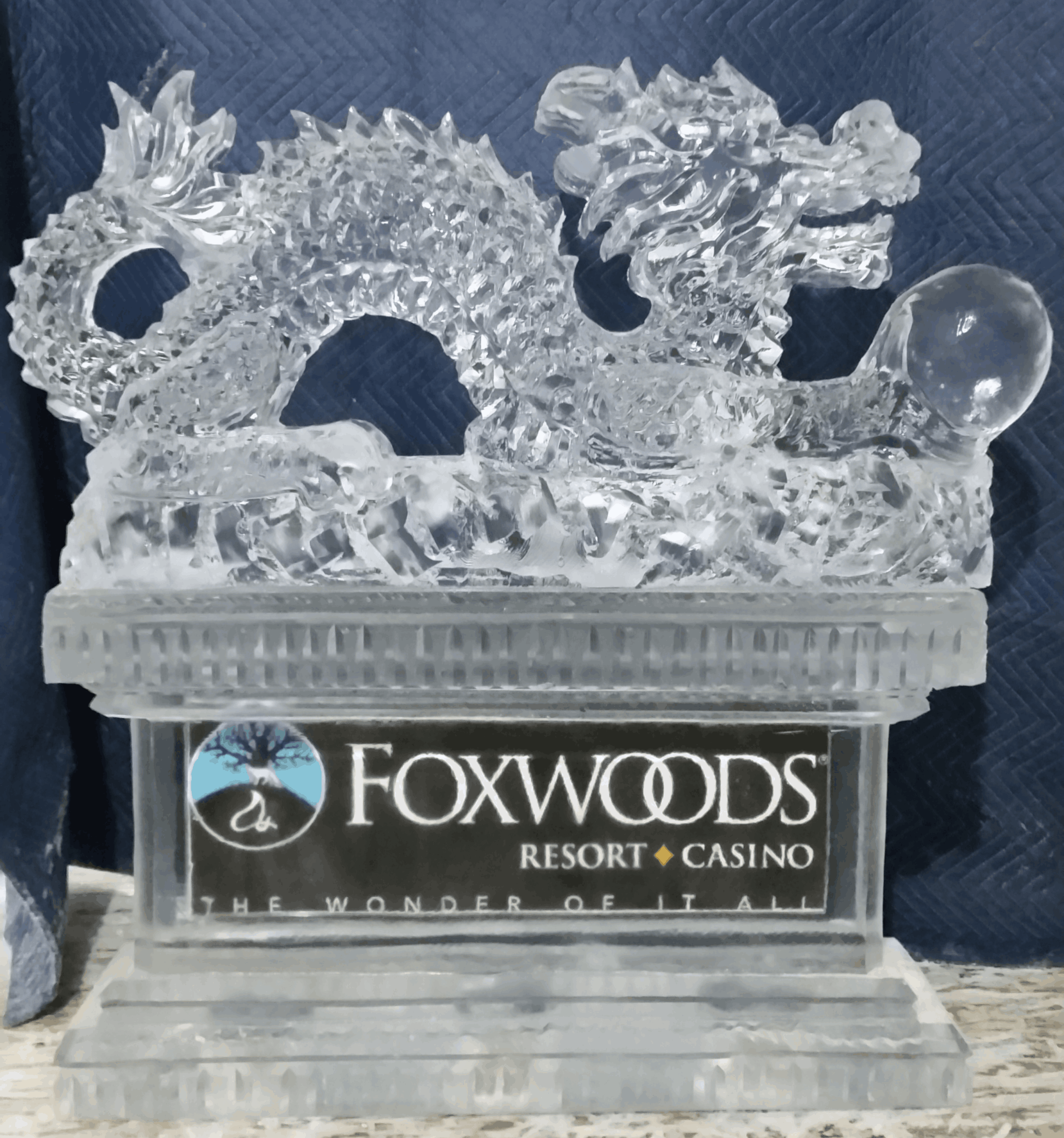 Foxwoods custom Chinese dragon ice sculpture with detailed scales
