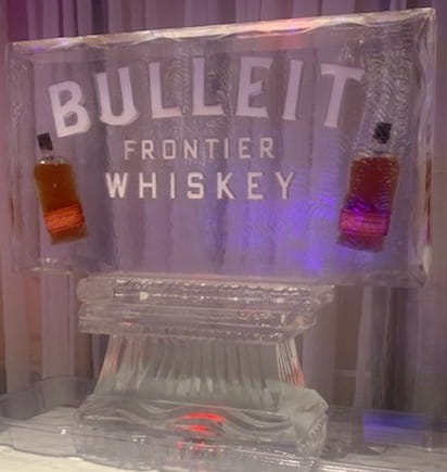 Bulleit Frontier Whiskey corporate bottle logo ice sculpture with embedded lighting