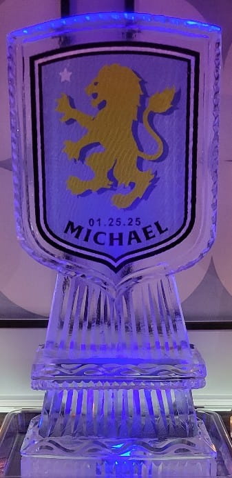 Michael crest engraved ice sculpture