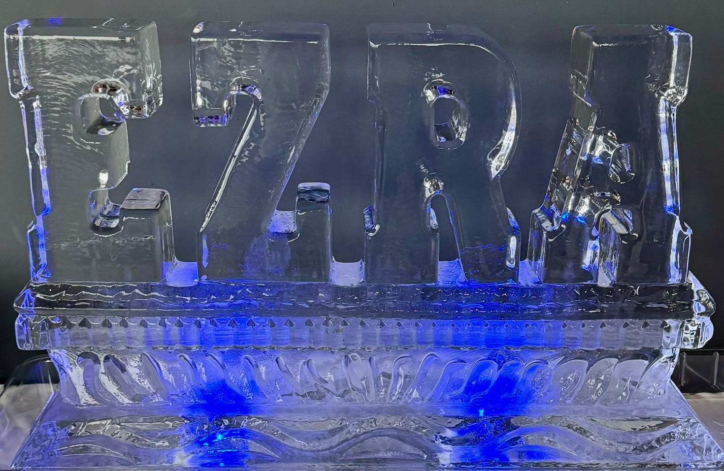 ZTA sorority ice sculpture with blue lighting