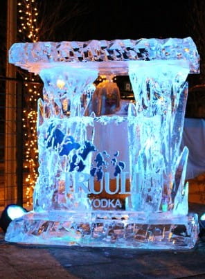 Illuminated ice bar with cascading waterfall design
