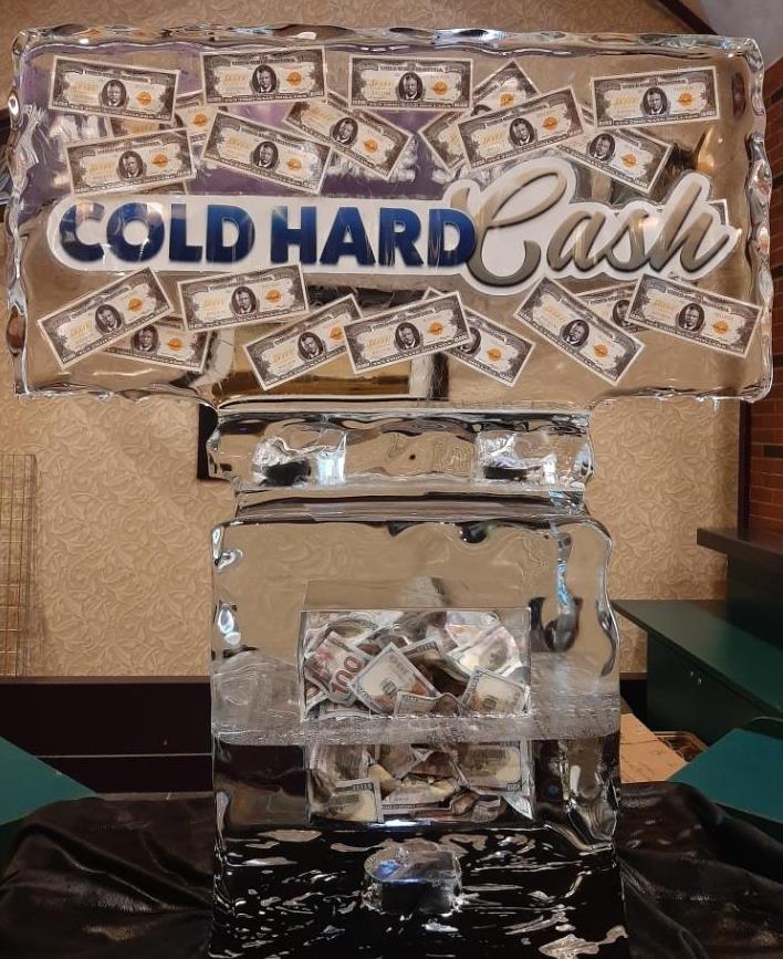 Cold Hard Cash themed corporate event party ice sculpture display