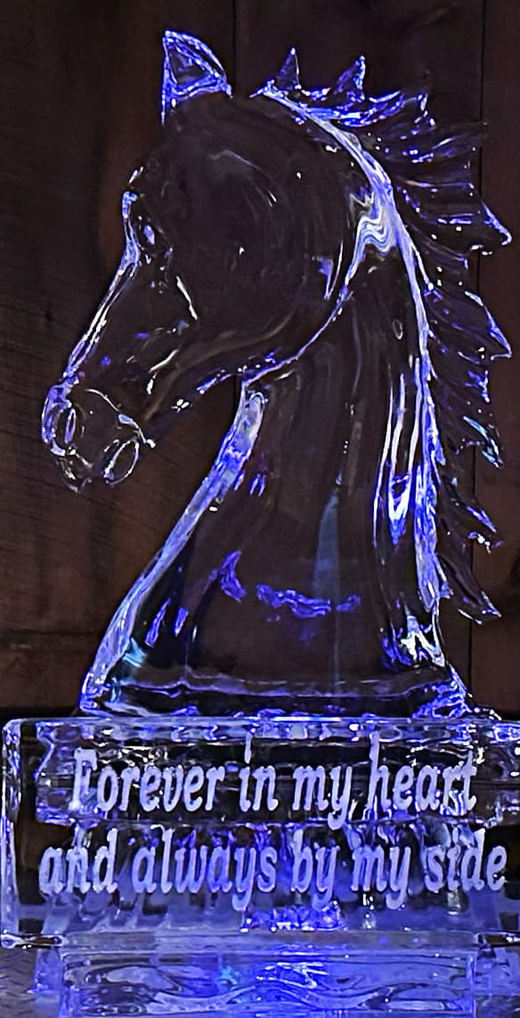 Horse head ice sculpture with blue accent lighting