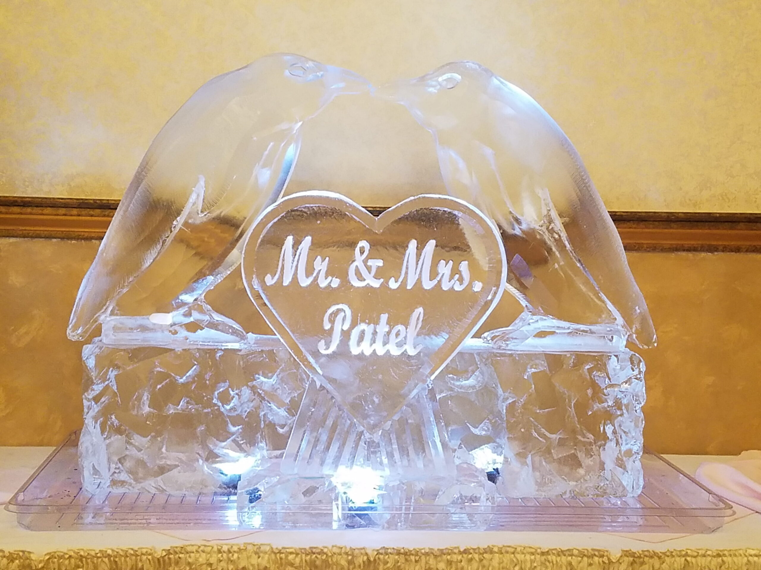 Wedding ice sculpture engraved with "Mr. & Mrs. Patel"