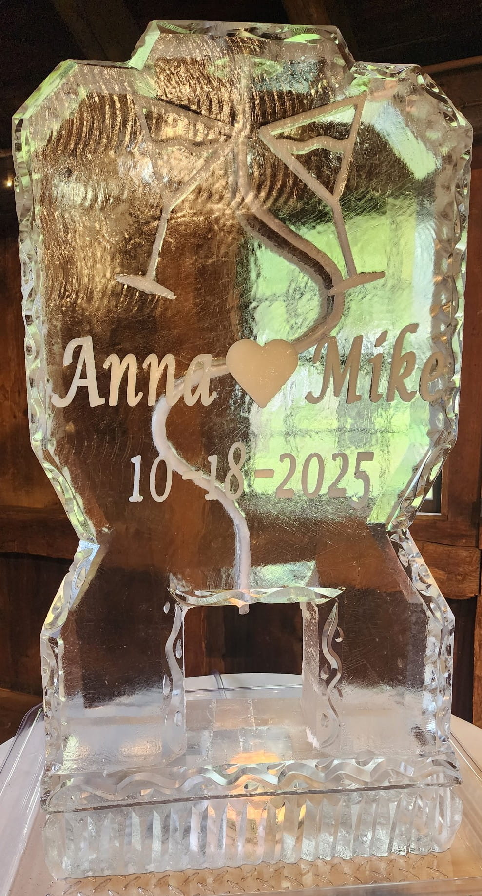 Personalized wedding ice sculpture engraved with Anna and Mike