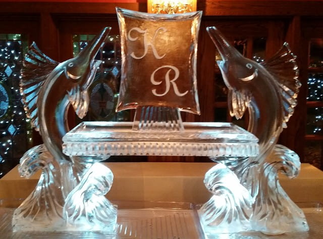 Monogram R illuminated ice sculpture