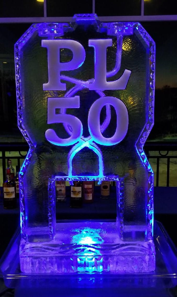 Illuminated 50th anniversary ice sculpture