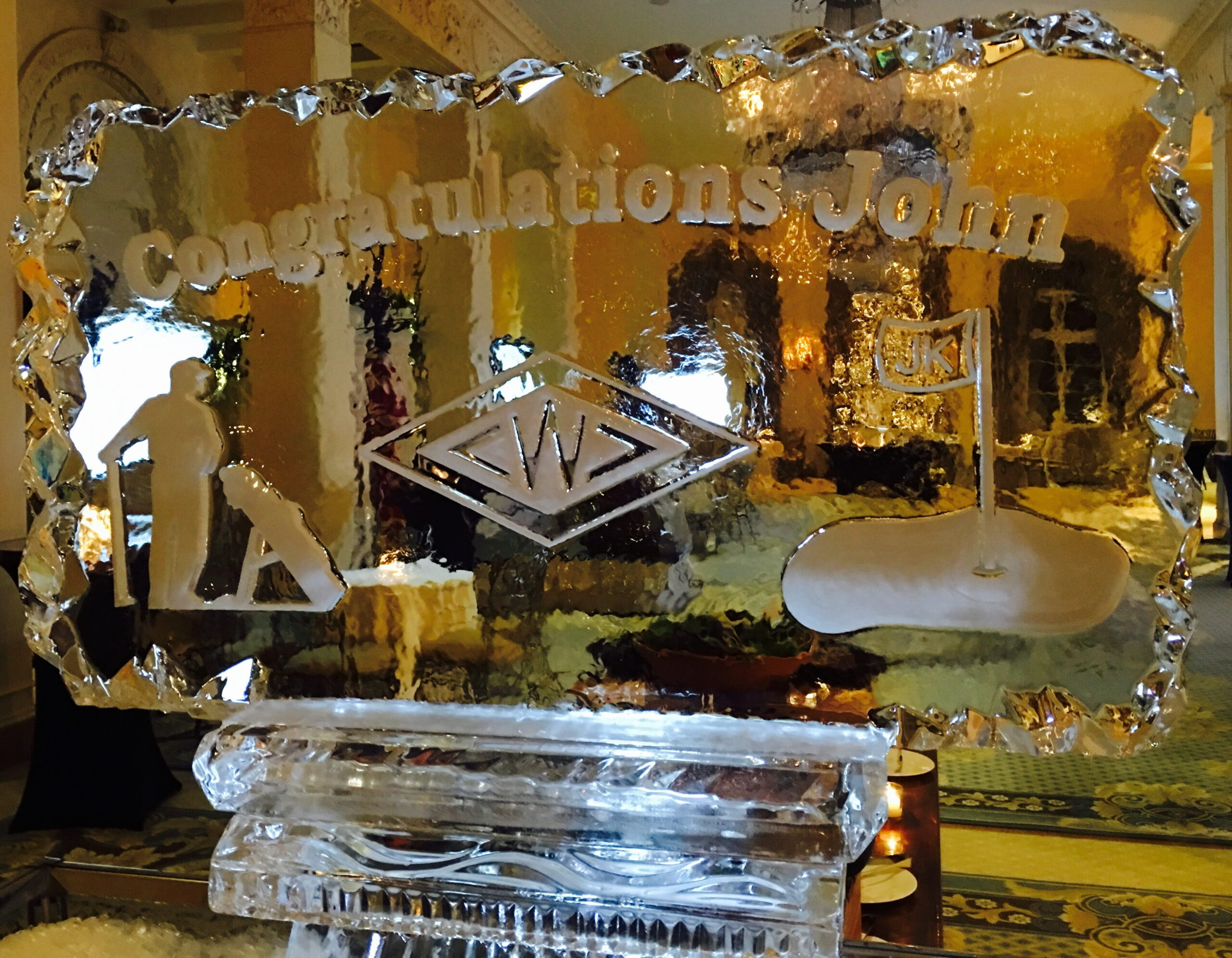Congratulations event ice sculpture centerpiece