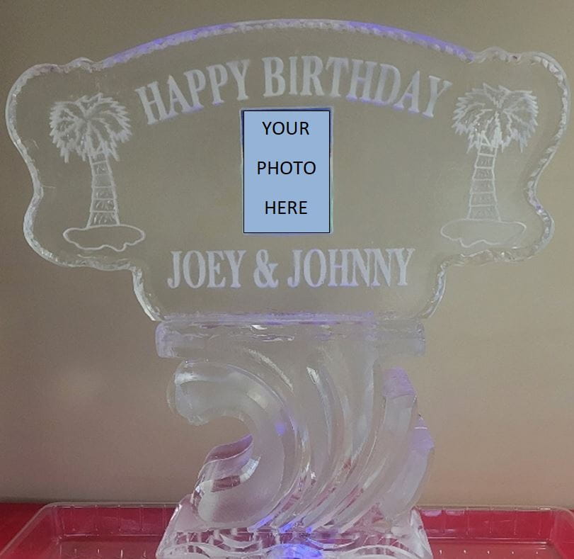 Happy Birthday engraved ice sculpture with photo insert