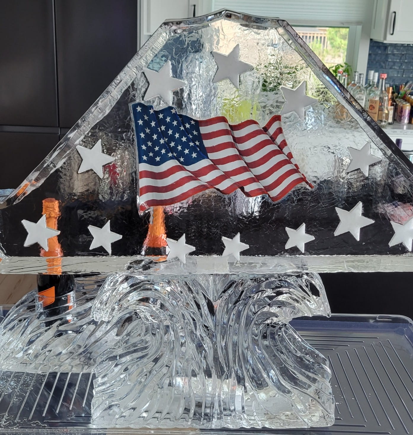 Patriotic American flag ice sculpture