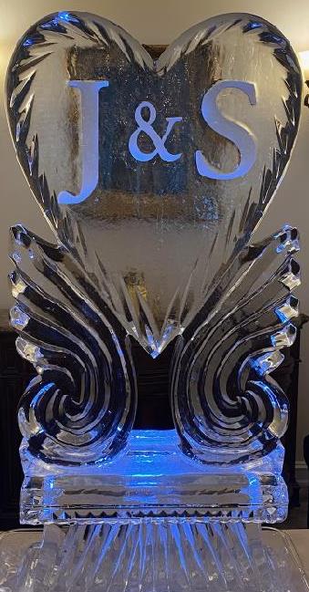 J & S custom initials ice carving with angel wings design