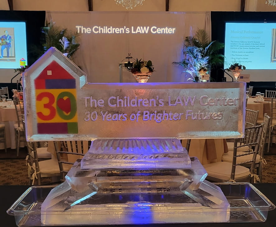 The Children's Law Center anniversary banner ice sculpture display