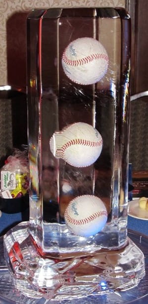 Baseball suspended inside crystal-clear ice sculpture