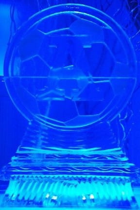 Blue illuminated custom logo ice sculpture