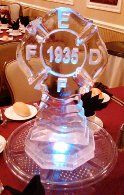 Fire department badge engraved ice sculpture