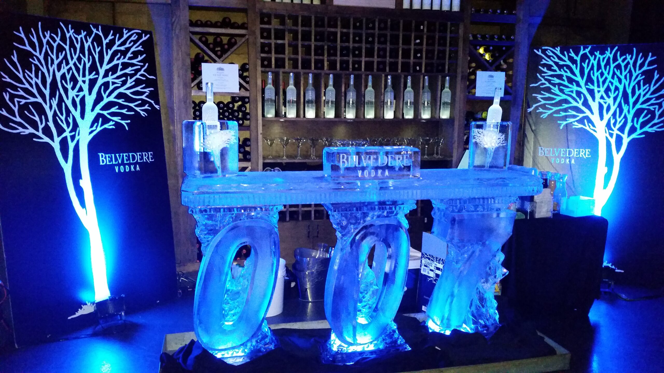 Blue illuminated ice bar with decorative panels