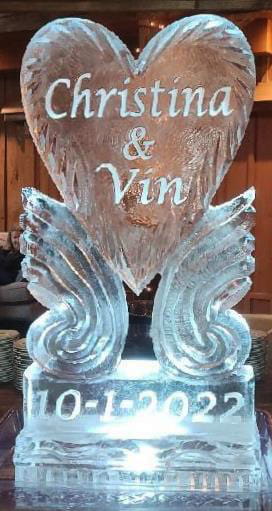 Al & Vin custom engraved wedding ice sculpture with decorative backing