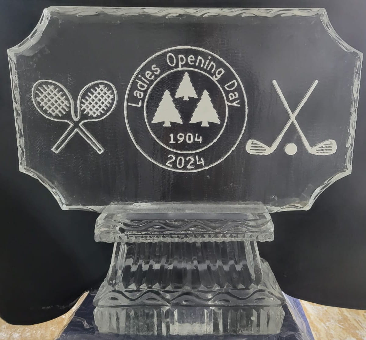 Golf and tennis sports club engraved ice sculpture