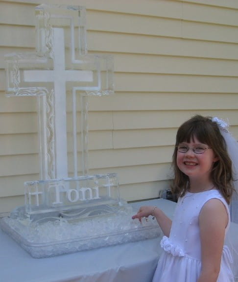 Cross-shaped ice sculpture at church event