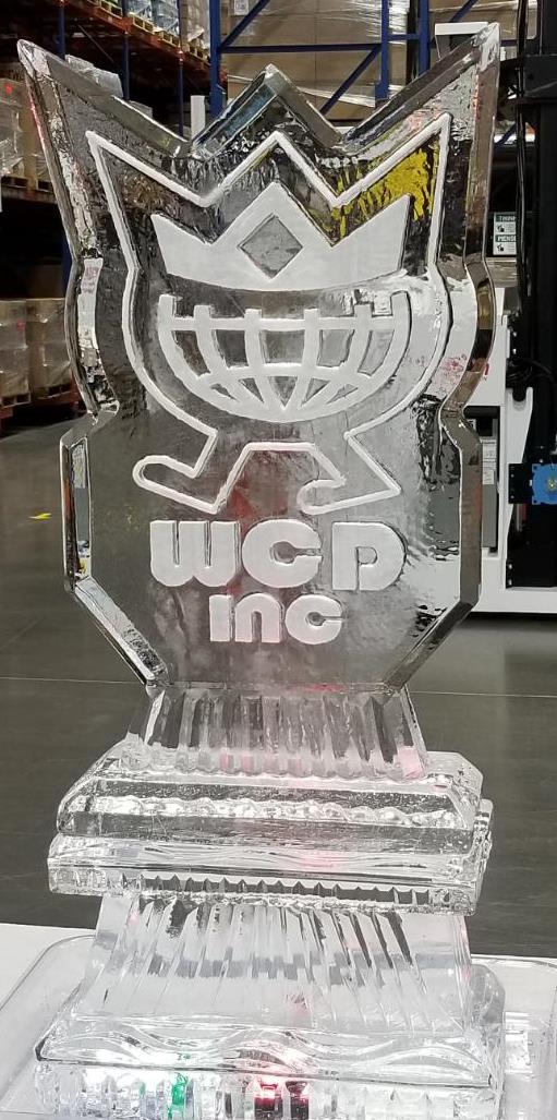 WCD Inc corporate logo ice sculpture with globe design elements