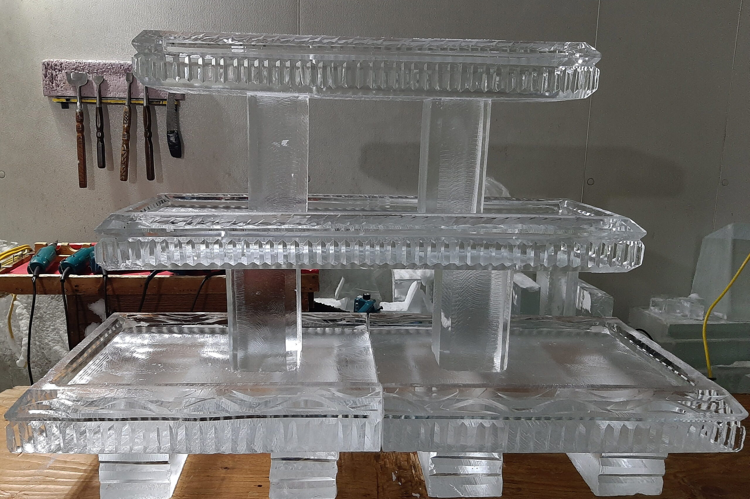 Clear rectangular ice buffet display stand