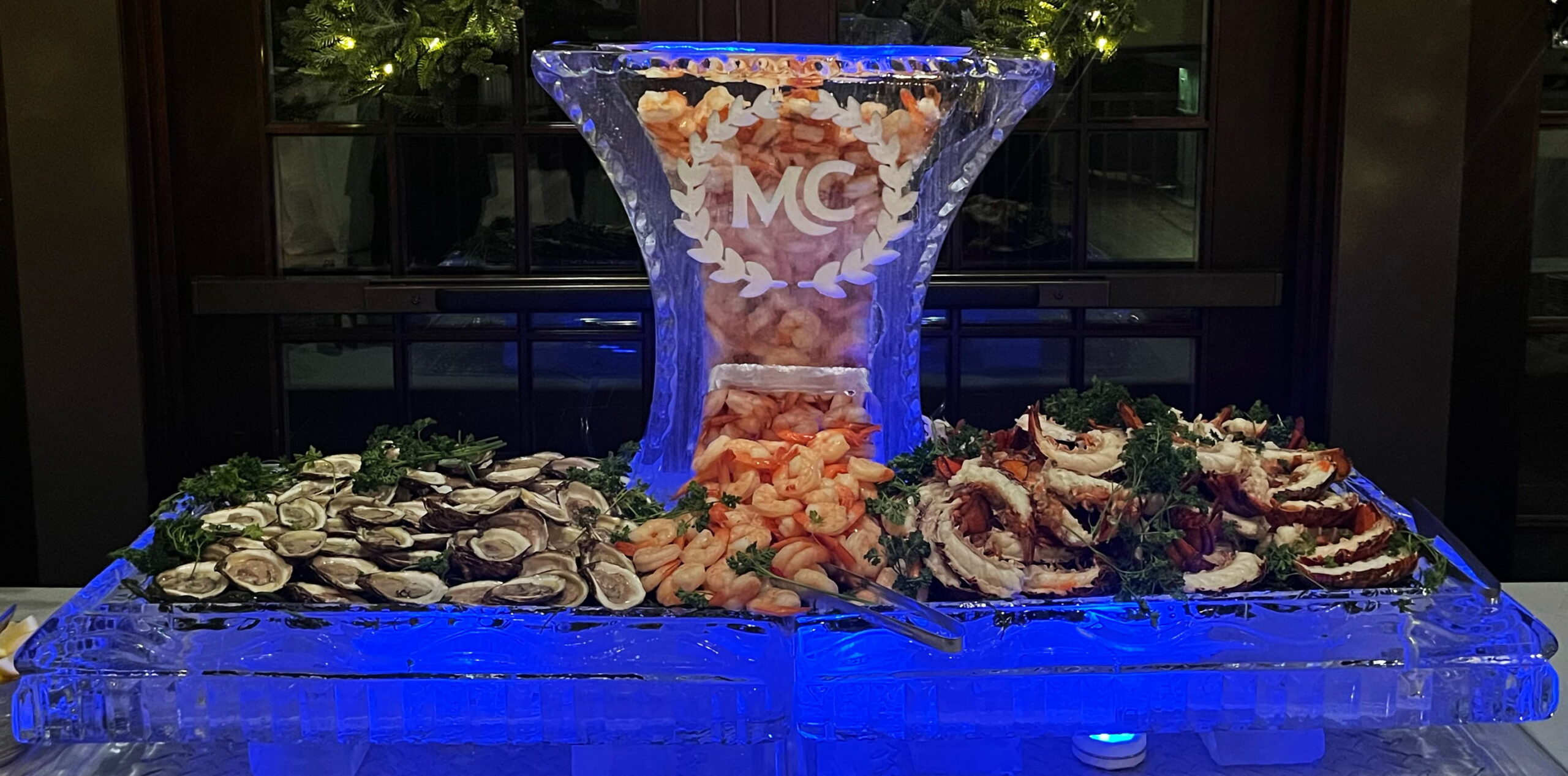 Illuminated MC monogram ice sculpture