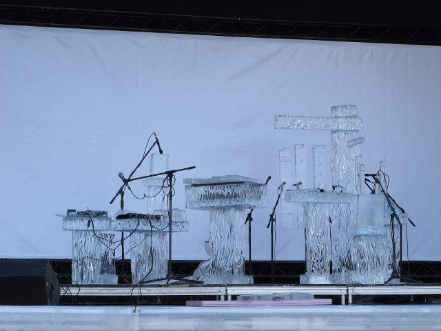 Metal frame scaffolding support structure layout assembled outdoors in winter