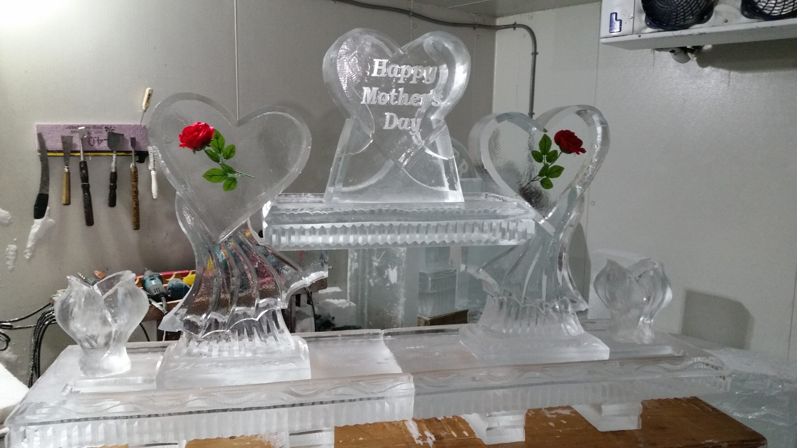 Ice Matters 80 Inch Heart Theme Raw Bar with Shrimp Tower - Silk Roses (lemon holders will be rectangle)