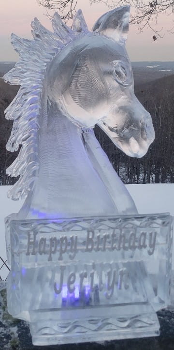 Illuminated horse head ice sculpture