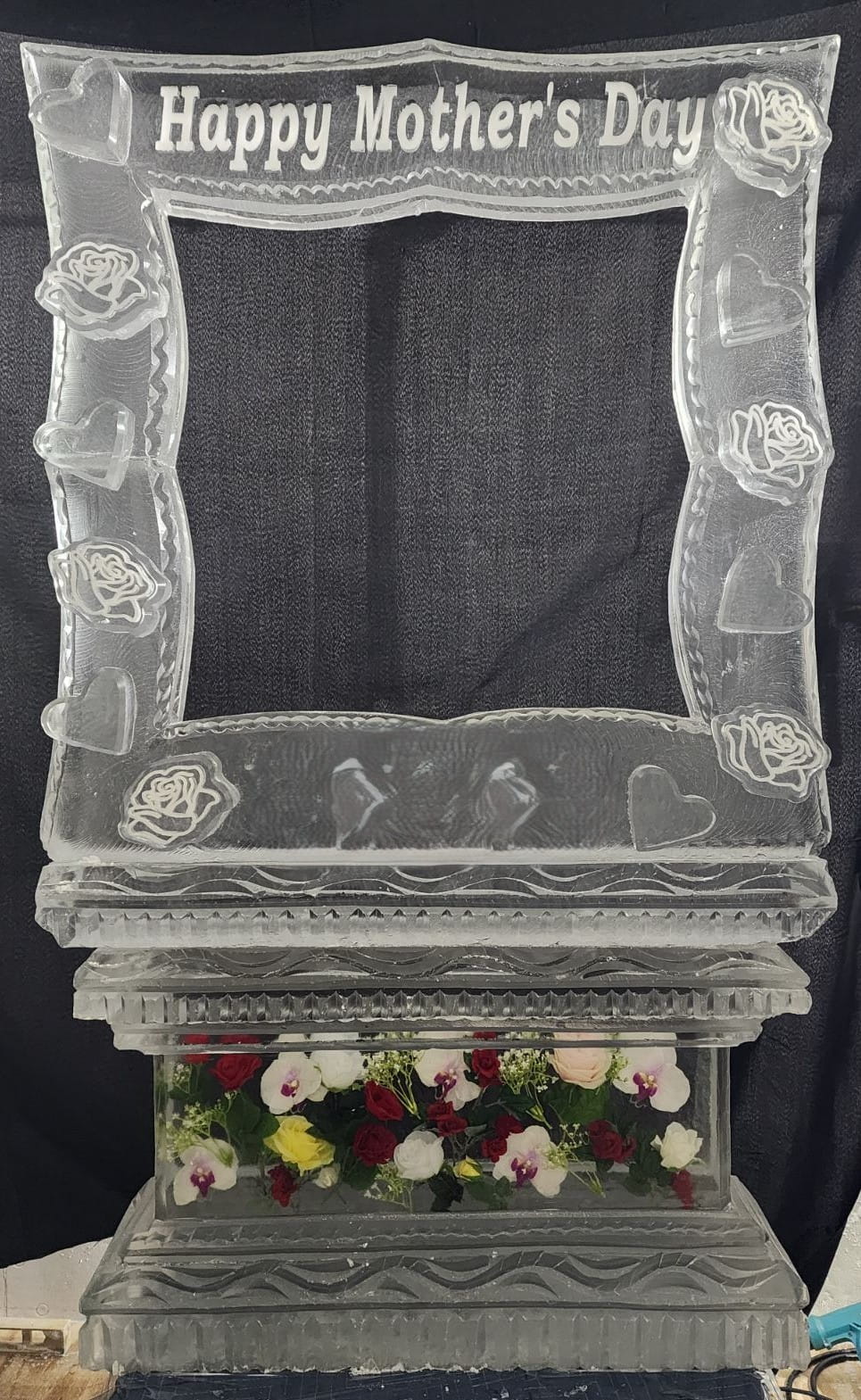 Ice Matters - Happy Mother's Day Photo Op with Silks frozen into base and Snowfilled Heart and Flower Accents on Frame.jpg