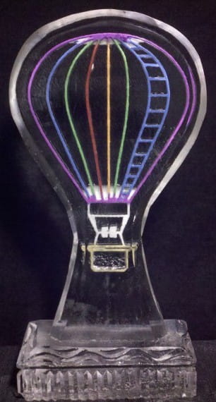 Hot air balloon ice sculpture with colorful lighting