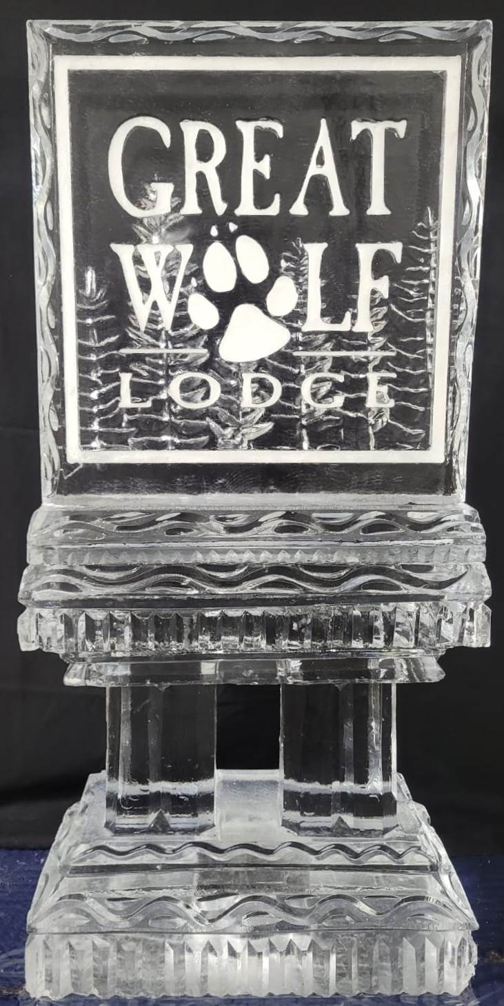 Wolf Lodge custom rustic themed logo ice carving block
