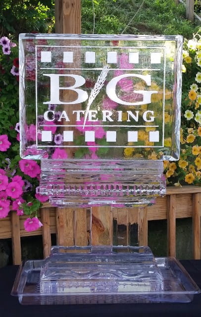 B/G Catering corporate branded event block ice sculpture