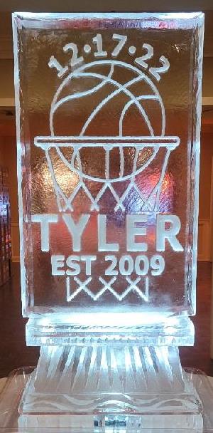 Custom basketball hoop ice sculpture with personalized engraving