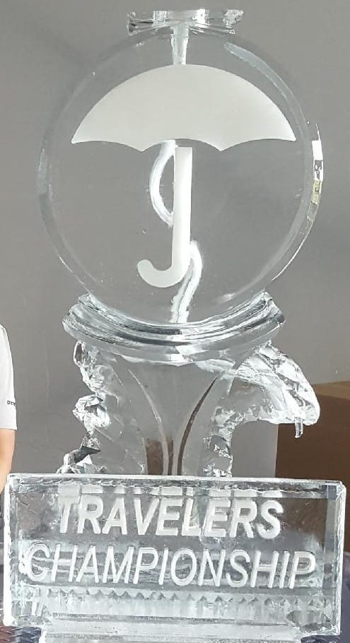 Elegant stylized letter J monogram clear circular ice sculpture