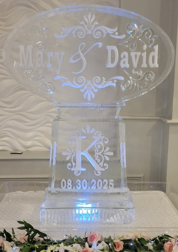 Mary and David personalized wedding ice sculpture with custom pedestal