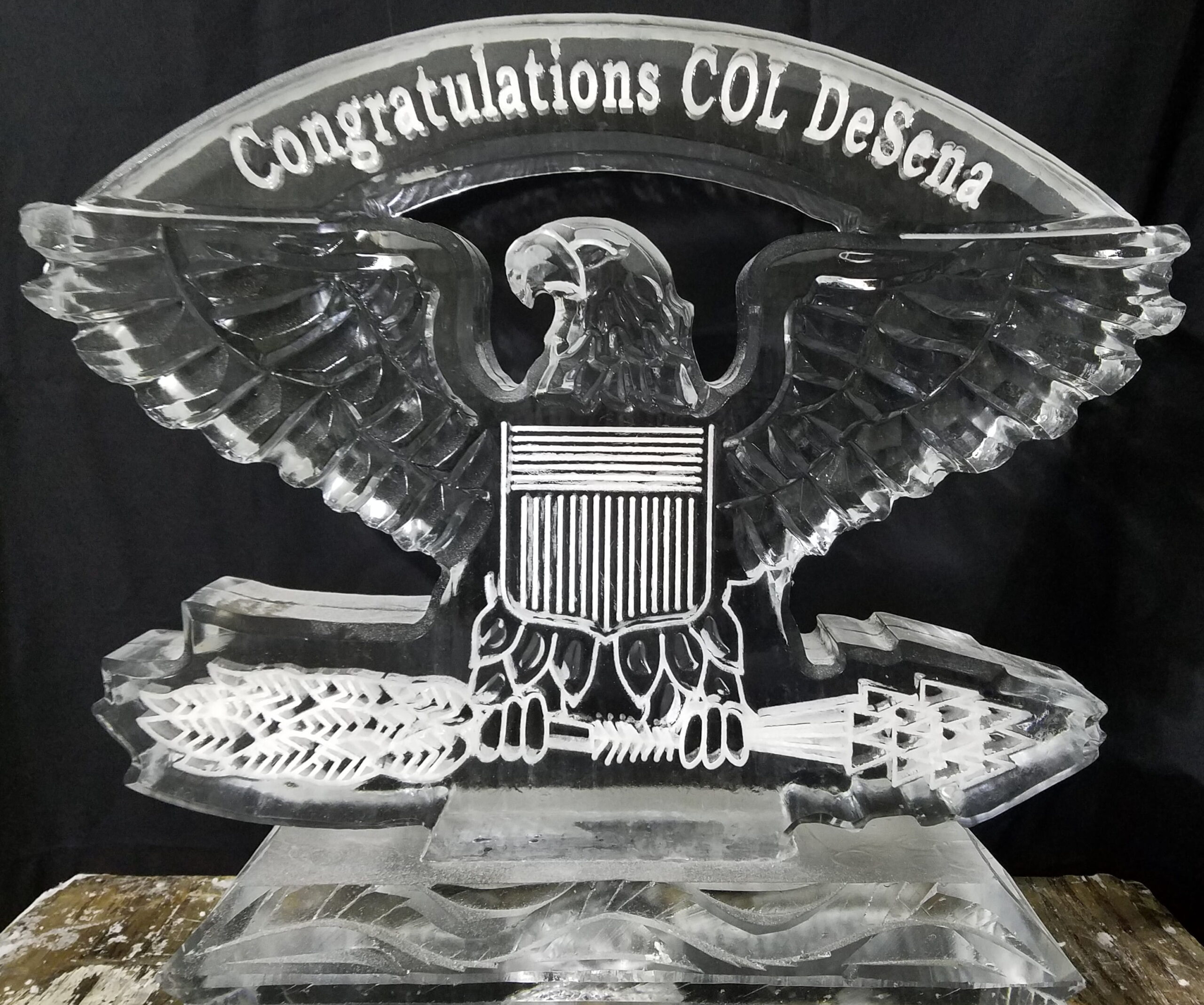 Congratulations COL DeJesus eagle ice sculpture