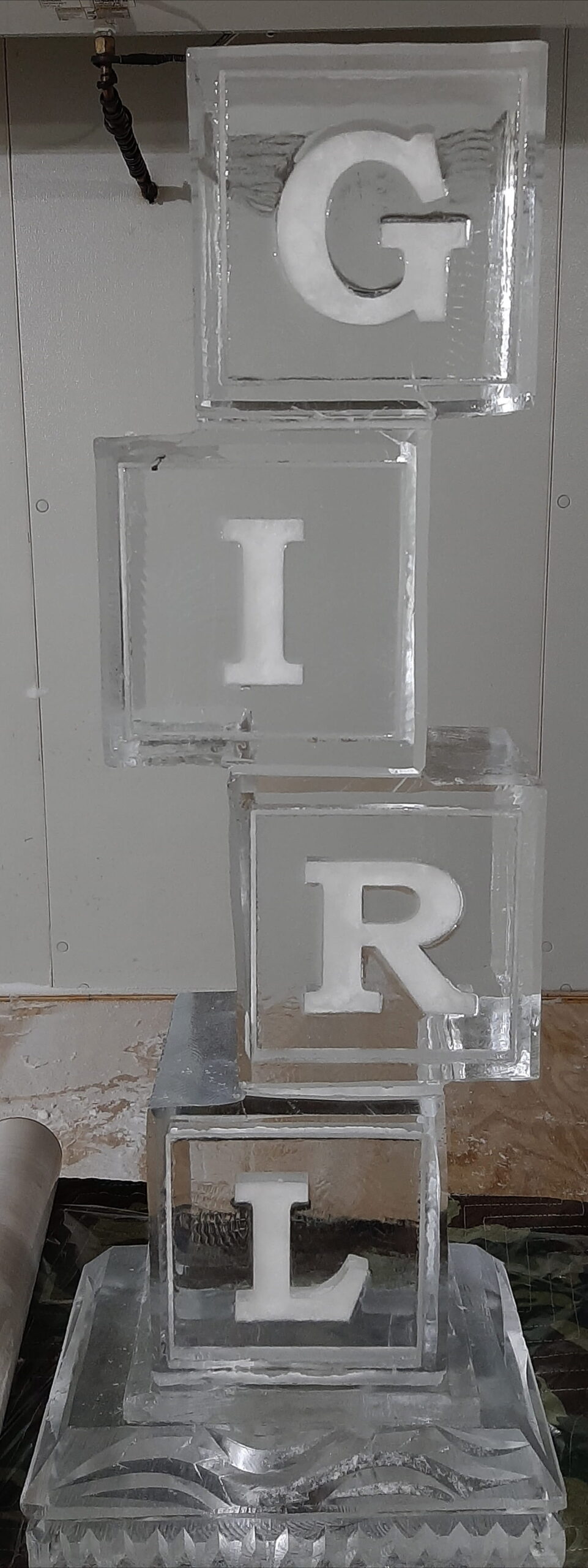 Baby block ice sculpture with engraved letters