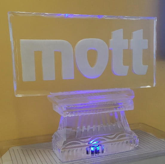 Mott company modern text logo clear block ice sculpture