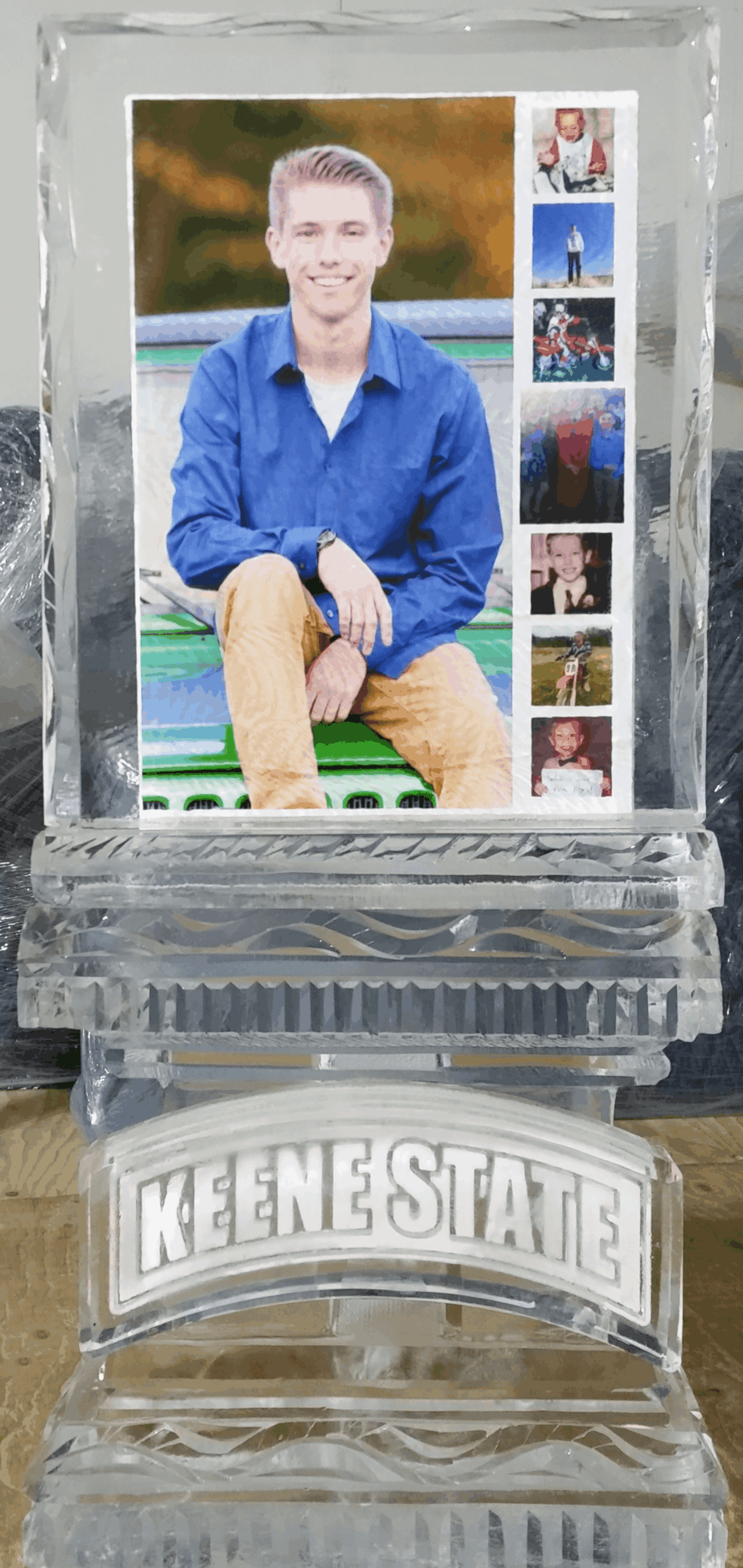 Custom engraved ice sculpture with photo display